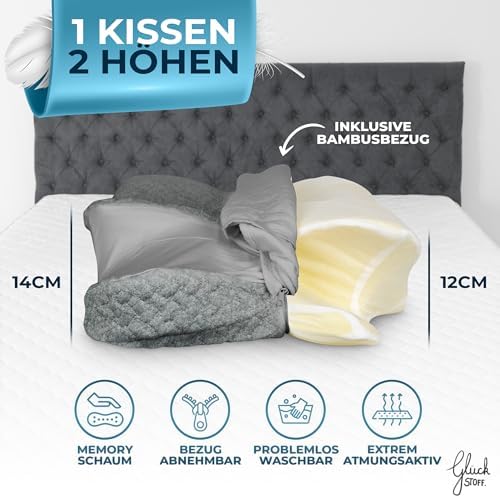Glückstoff® Ergonomisches Kopfkissen aus Memory Foam - Komfort für Seitenschläfer bei Nackenschmerzen, OEKO-TEX zertifiz