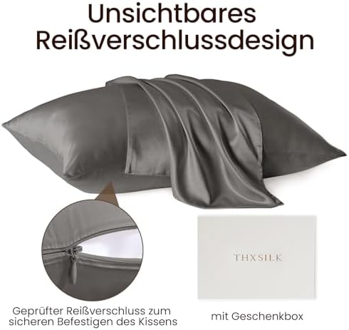 THXSILK 25 Momme Seidenkissenbezug für Haar und Haut - Hypoallergen mit verstecktem Reißverschluss, 40x80cm Holzkohle