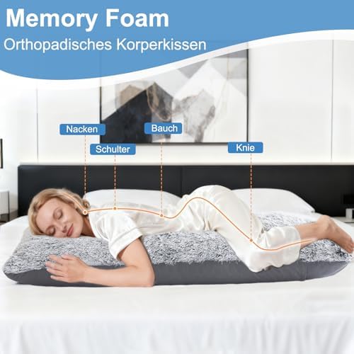 Sanfte Schlafwelt Memory Foam Seitenschläferkissen – 2,65KG Plüsch Ganzkörperkissen für Schwangerschaft, Grau, 136x51 cm