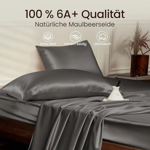 THXSILK 25 Momme Seidenkissenbezug für Haar und Haut - Hypoallergen mit verstecktem Reißverschluss, 40x80cm Holzkohle