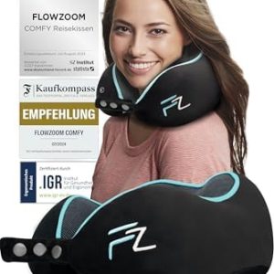 FLOWZOOM Comfy Nackenkissen für Flugzeuge und Autos - Einstellbares Memoryschaum mit 360° Stütze und waschbarem Bezug -