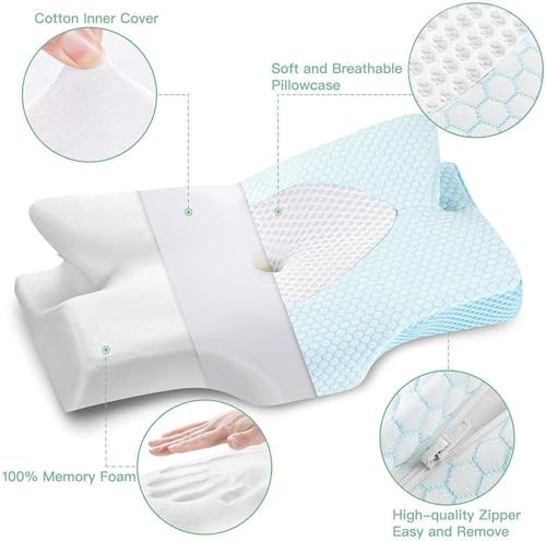 Elviros Orthopädisches Kopfkissen aus Memory Foam für Seitenschläfer – Ergonomisches Kissen gegen Nackenschmerzen, Blau,