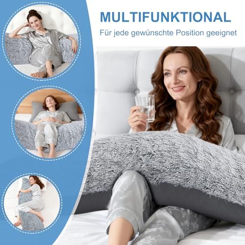 Sanfte Schlafwelt Memory Foam Seitenschläferkissen – 2,65KG Plüsch Ganzkörperkissen für Schwangerschaft, Grau, 136x51 cm