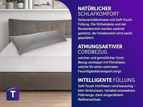 Traumnacht Seitenschläferkissen mit Cord-Bezug, waschbar & leicht, ideal für gemütlichen Schlafkomfort zuhause