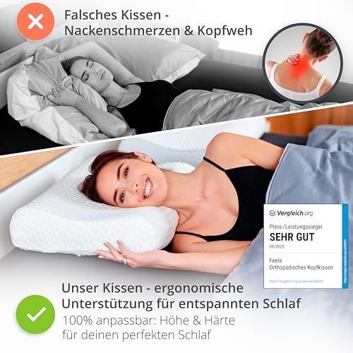 feela.® Orthopädisches Schlafkissen 60x40 cm - Lindert Nacken- und Schulterschmerzen, Höhenverstellbar für optimalen Sch