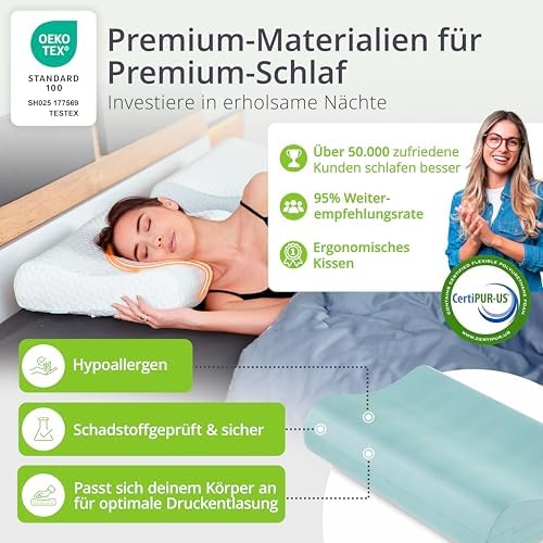 feela.® Orthopädisches Schlafkissen 60x40 cm - Lindert Nacken- und Schulterschmerzen, Höhenverstellbar für optimalen Sch