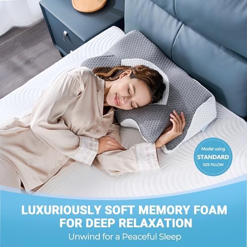 Elviros Orthopädisches Kopfkissen aus Memory Foam für Seitenschläfer – Ergonomisches Kissen gegen Nackenschmerzen, Blau,