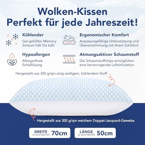 MKS Kopfkissen 80x80 – Ergonomisches Memory Foam Kissen mit kühlendem Gel für entspannenden Schlaf – Ideal für Rücken-,